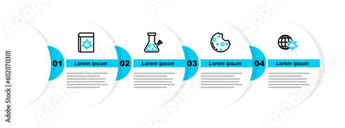 Set line Legalize marijuana globe, Cookies with, Glass bong for smoking cannabis and Book and icon. Vector