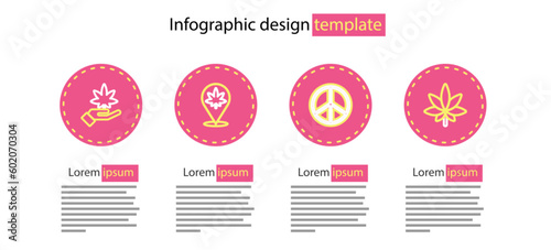 Set line Peace, Marijuana or cannabis leaf, Location and marijuana and icon. Vector
