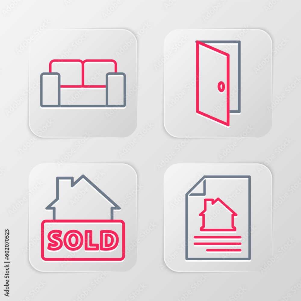 Set line House contract, Hanging sign with text Sold, Closed door and Sofa icon. Vector Set line House contract, Hanging sign with text Sold, Closed door and Sofa icon. Vector