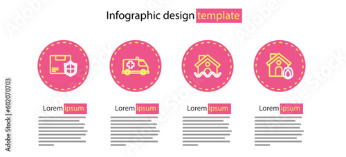 Set line House flood, Fire in burning house, Emergency car and Delivery security with shield icon. Vector