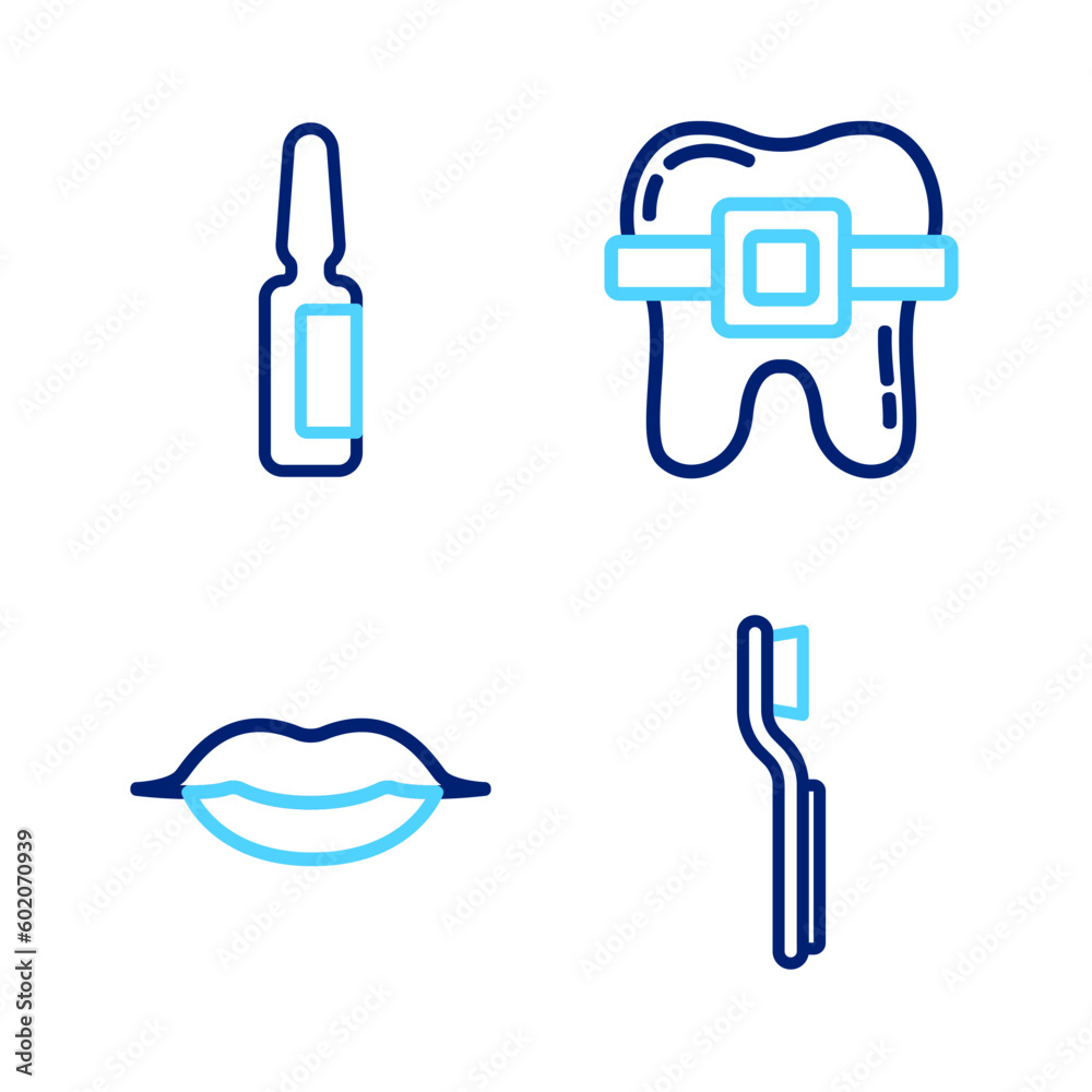Set line Toothbrush, Smiling lips, Teeth with braces and Painkiller tablet icon. Vector