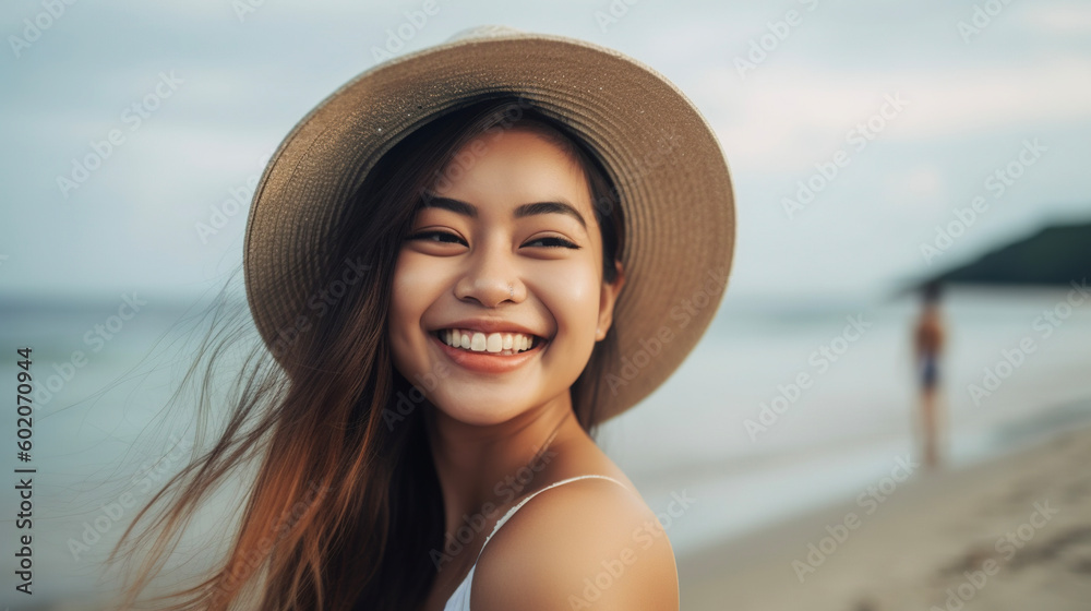 Smiling woman at the beach. AI