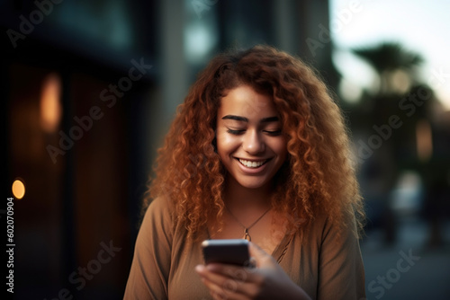 Young woman using smartphone in a city. AI