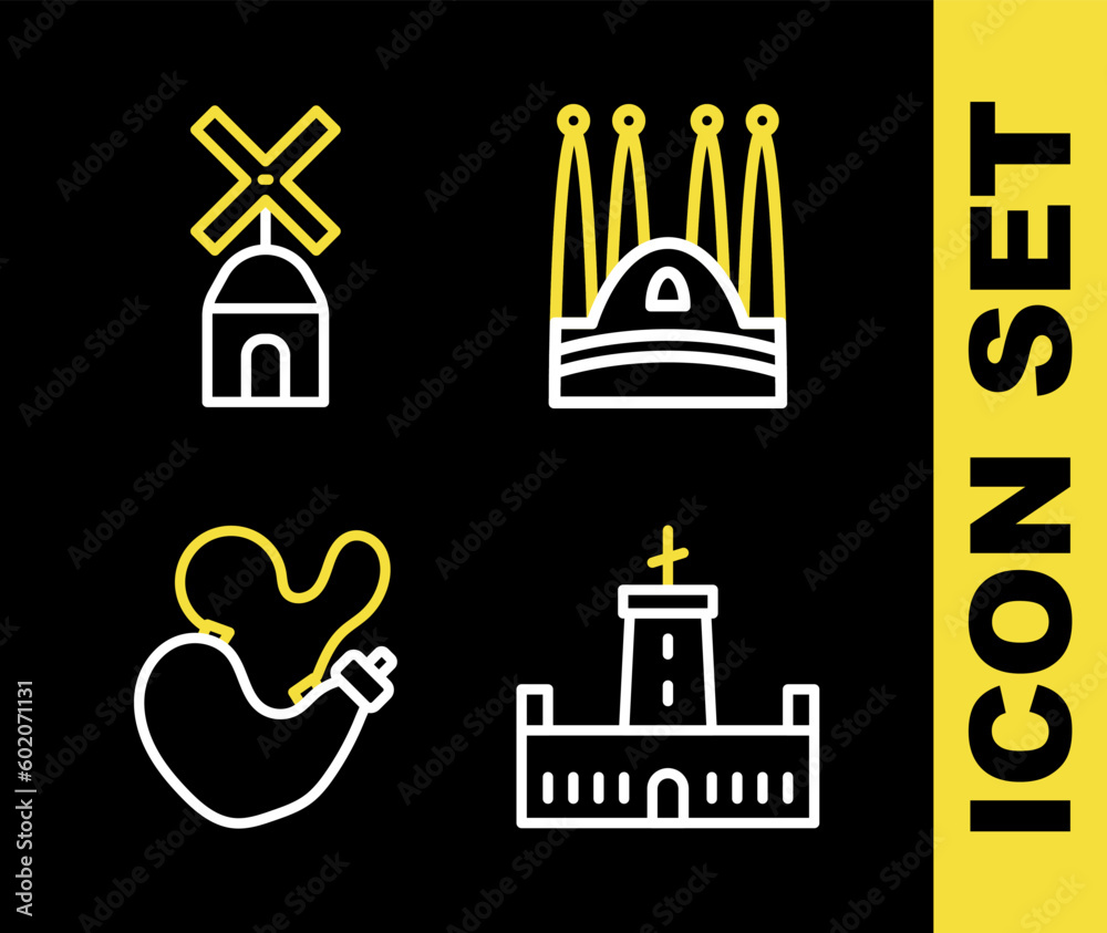 Set line Sagrada Familia, Montjuic castle, Spanish wineskin and Windmill icon. Vector