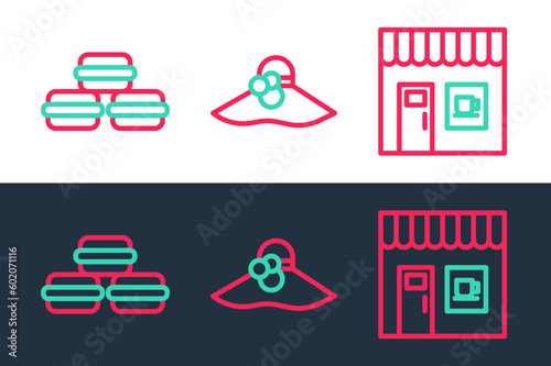 Set line Coffee shop, Macaron cookie and Elegant women hat icon. Vector