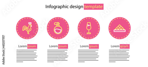 Set line Wine glass, Louvre museum, Perfume and French rooster icon. Vector