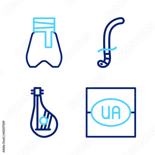 Set line Flag of Ukraine, Bandura, Medieval sword and Cossack pants icon. Vector