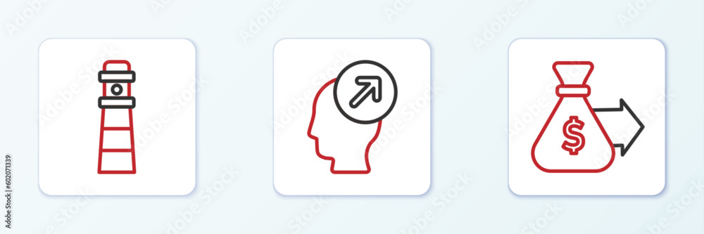 Set line Money bag, Lighthouse and Head hunting concept icon. Vector Set line Money bag, Lighthouse and Head hunting concept icon. Vector