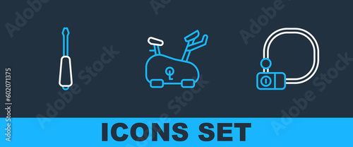 Set line Bicycle lock, Screwdriver and Stationary bicycle icon. Vector