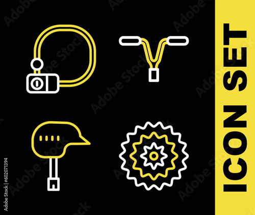Set line Bicycle handlebar, cassette, helmet and lock icon. Vector