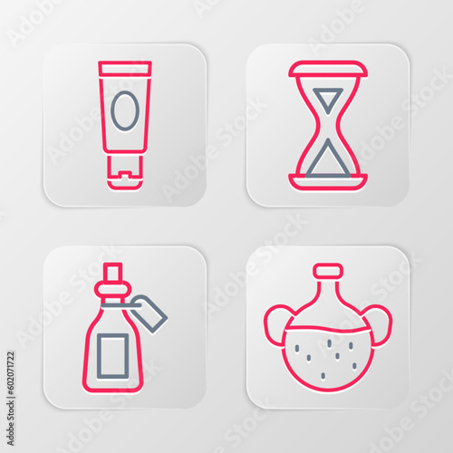 Set line Essential oil bottle  Sauna hourglass and Cream or lotion cosmetic tube icon. Vector