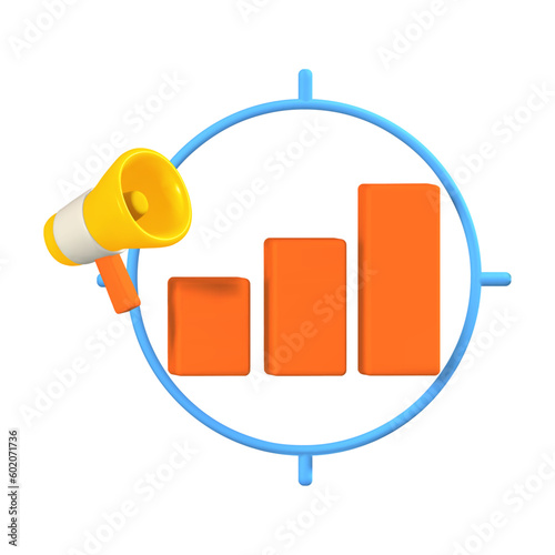 3d render icon Graph chart in the target ring with loudspeaker isolated vector illustration