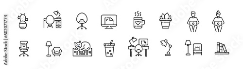 Working from home. Lamp, drink, plants in a pot and comfortable chairs. Pixel perfect, editable stroke icons set photo