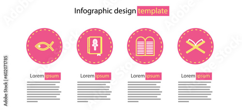 Set line The commandments, Holy book of Koran, Cross ankh and Christian fish icon. Vector