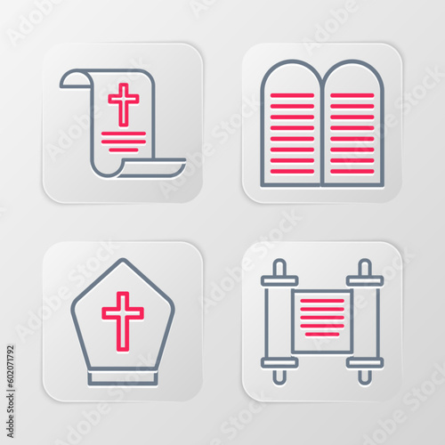 Set line Decree, paper, parchment, scroll, Pope hat, The commandments and icon. Vector