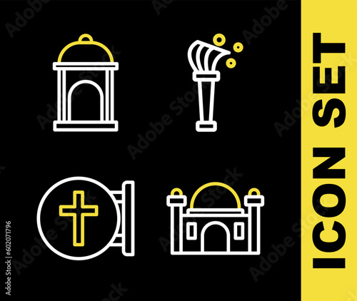 Set line Aspergillum, Muslim Mosque, Christian cross and icon. Vector