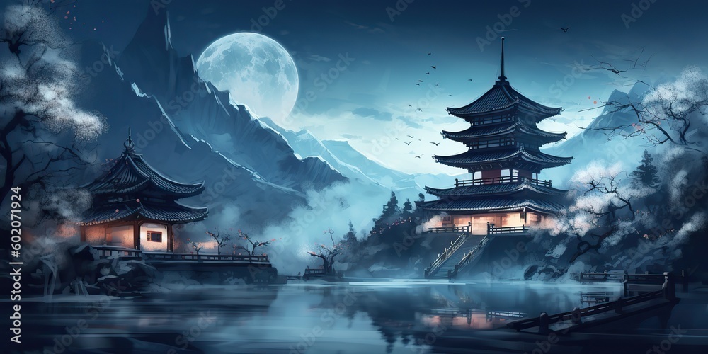 AI Generated. Asian chinese cartoon style blue colors pagoda temple tower landscape. AI Generative. Graphic Art