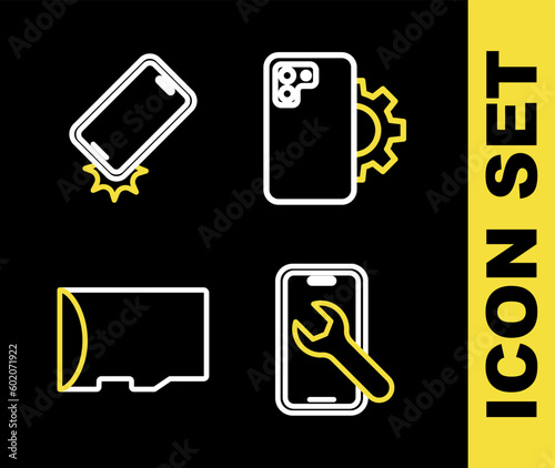 Set line Phone repair service, Mobile, Micro SD memory card and Shockproof phone icon. Vector