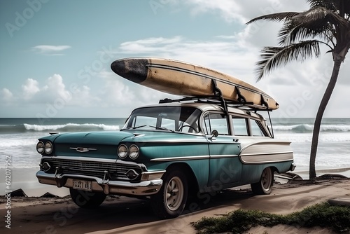 "Vintage Car on Tropical Beach"