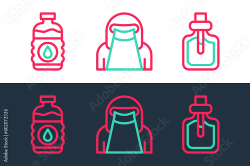 Set line Perfume, Bottle of water and Muslim woman in niqab icon. Vector