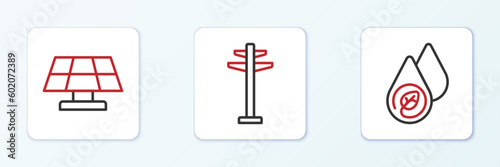 Set line Water energy, Solar panel and Electric tower icon. Vector