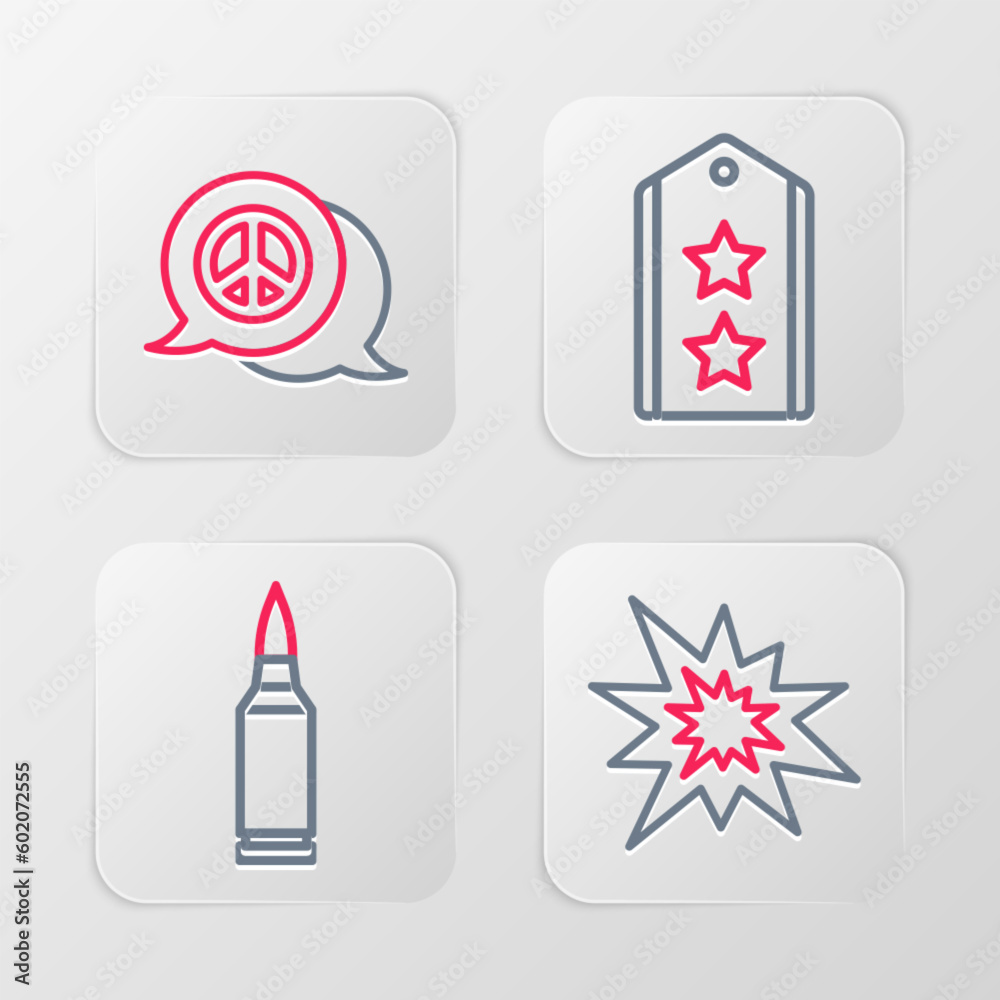 Set line Bomb explosion, Bullet, Military rank and Peace icon. Vector Set line Bomb explosion, Bullet, Military rank and Peace icon. Vector