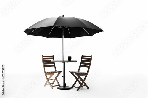 Relaxing Outdoor Cafe Setting with Parasol Umbrella on White Background  generative Ai