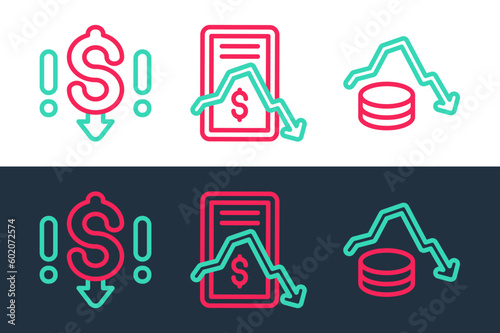 Set line Dollar rate decrease, and Mobile stock trading icon. Vector