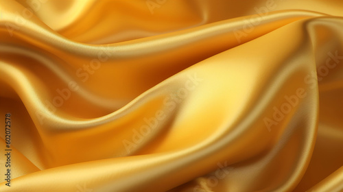 Yellow silk satin fabric texture background with sweeping ripples and folds. A.I. generated. 