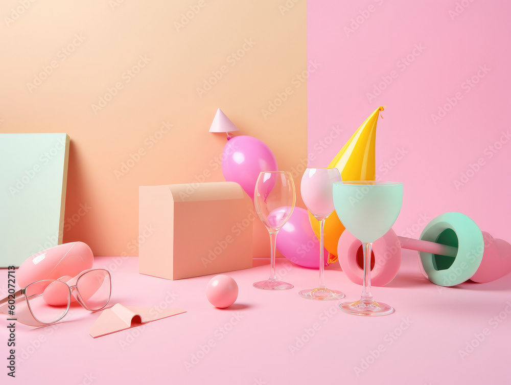 Colorful birthday party objects. Minimal style.