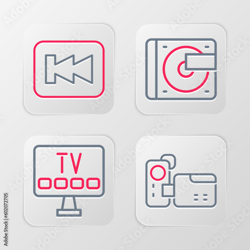 Set line Cinema camera, Smart Tv, Vinyl player with vinyl disk and Rewind button icon. Vector