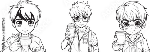 coloring book for kids, anime character, boy having drink, 100% editable colorable photo