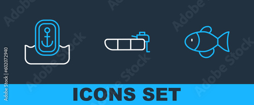 Set line Fish, Location with anchor and Inflatable boat motor icon. Vector