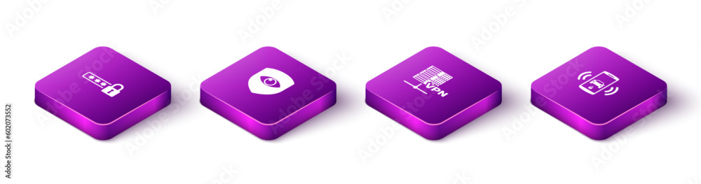 Set Isometric Password protection, Shield and eye, Server VPN and Smart car alarm system icon. Vector Set Isometric Password protection, Shield and eye, Server VPN and Smart car alarm system icon. Vector