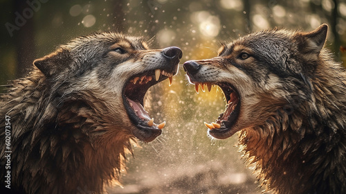 Generative AI image of two alpha male wolves in a fight with each other to defend their pack.
