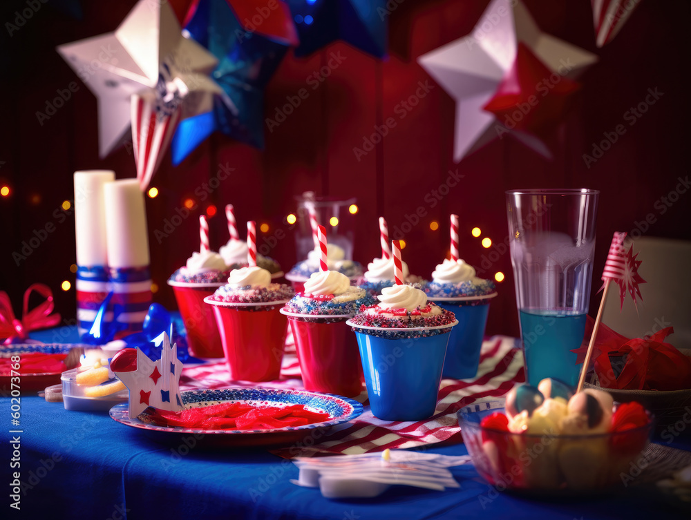 Cupcakes for 4th of July celebration on a blue tablecloth Cupcakes for 4th of July celebration on a blue tablecloth