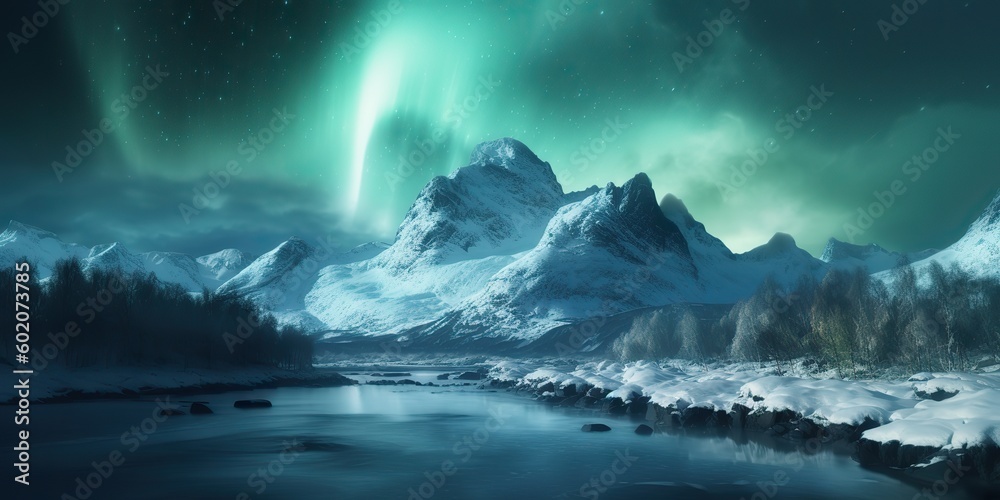 AI Generated. Photo realistic illustration of aurora northern light. Adventure expidition vibe. AI Generative. Graphic Art