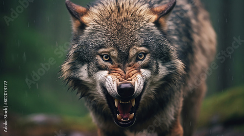 Generative AI image of an alpha male wolf defending its pack.