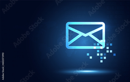 Futuristic blue digital express email envelope and parcel abstract technology background. Business quantum internet network communication high-speed delivery and email text sending message service