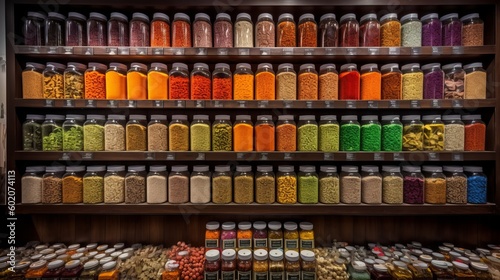 Colorful display of various spices and herbs