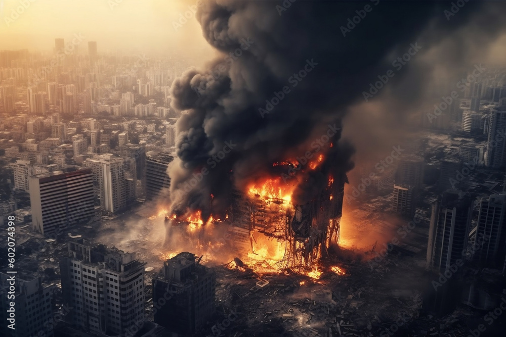 Burning Skyscraper, Aerial View of Ruined Building on Fire in Modern City, generative Ai