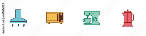 Set Kitchen extractor fan, Microwave oven, Electric mixer and French press icon. Vector