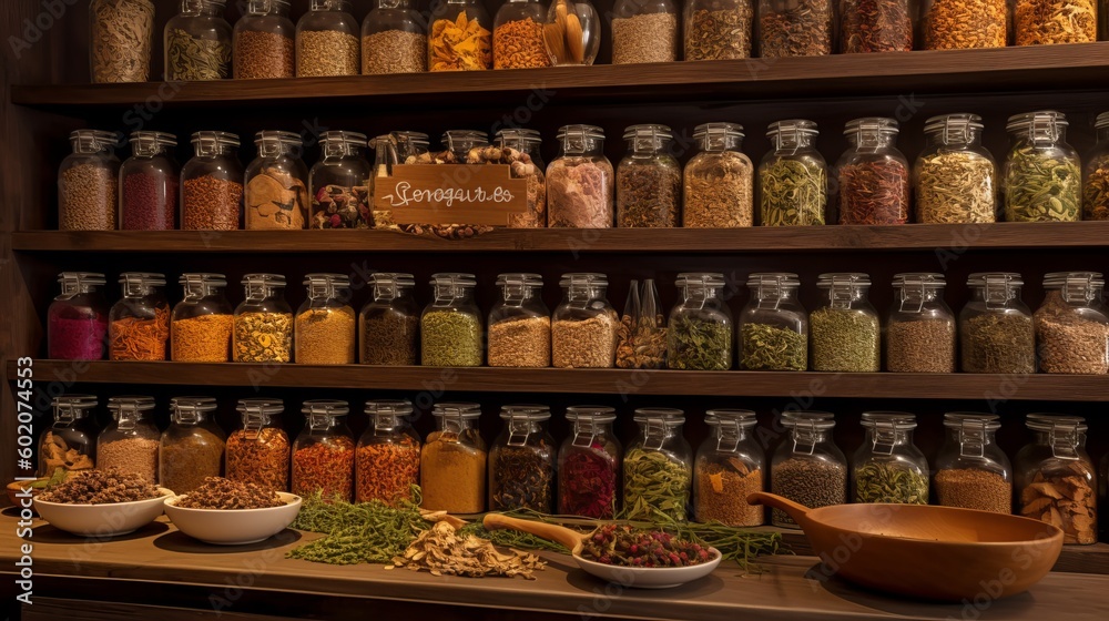 Colorful display of various spices and herbs