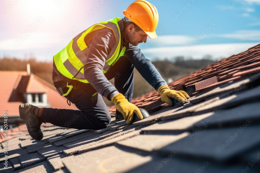 Construction worker with safety hardhat working on roof tiles installation. Generative AI - obrazy, fototapety, plakaty 