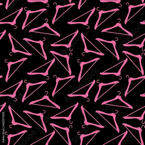 SEAMLESS PATTERN BLACK BACKGROUND WITH PINK CLOTHES HANGERS 