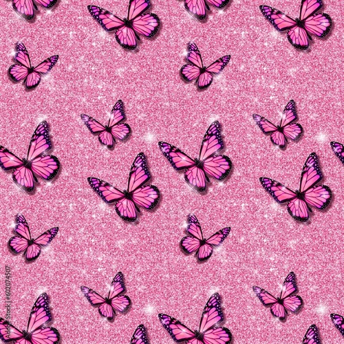 PINK GLITTER SEAMLESS BACKGROUND WITH PINK BUTTERFLIES 