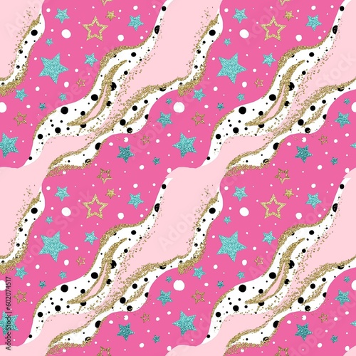 SEAMLESS PATERN DIAGONAL ABSTRACT STRIPES WITH STARS AND GOLD GLITTER ON PINK BACKGROUND