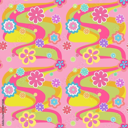 RETRO VINTAGE 60'S STYLE DESIGN SEAMLESS PATTERN IN COLORFUL TONES AND VINTAGE FLOWERS SEAMLESS PATTERN ON PINK BACKGROUND 