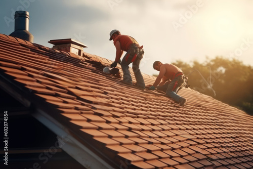 Construction workers working on roof tiles installation and maintenance. Generative AI photo