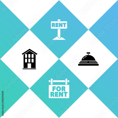 Set House, Hanging sign with For Rent, and Hotel service bell icon. Vector